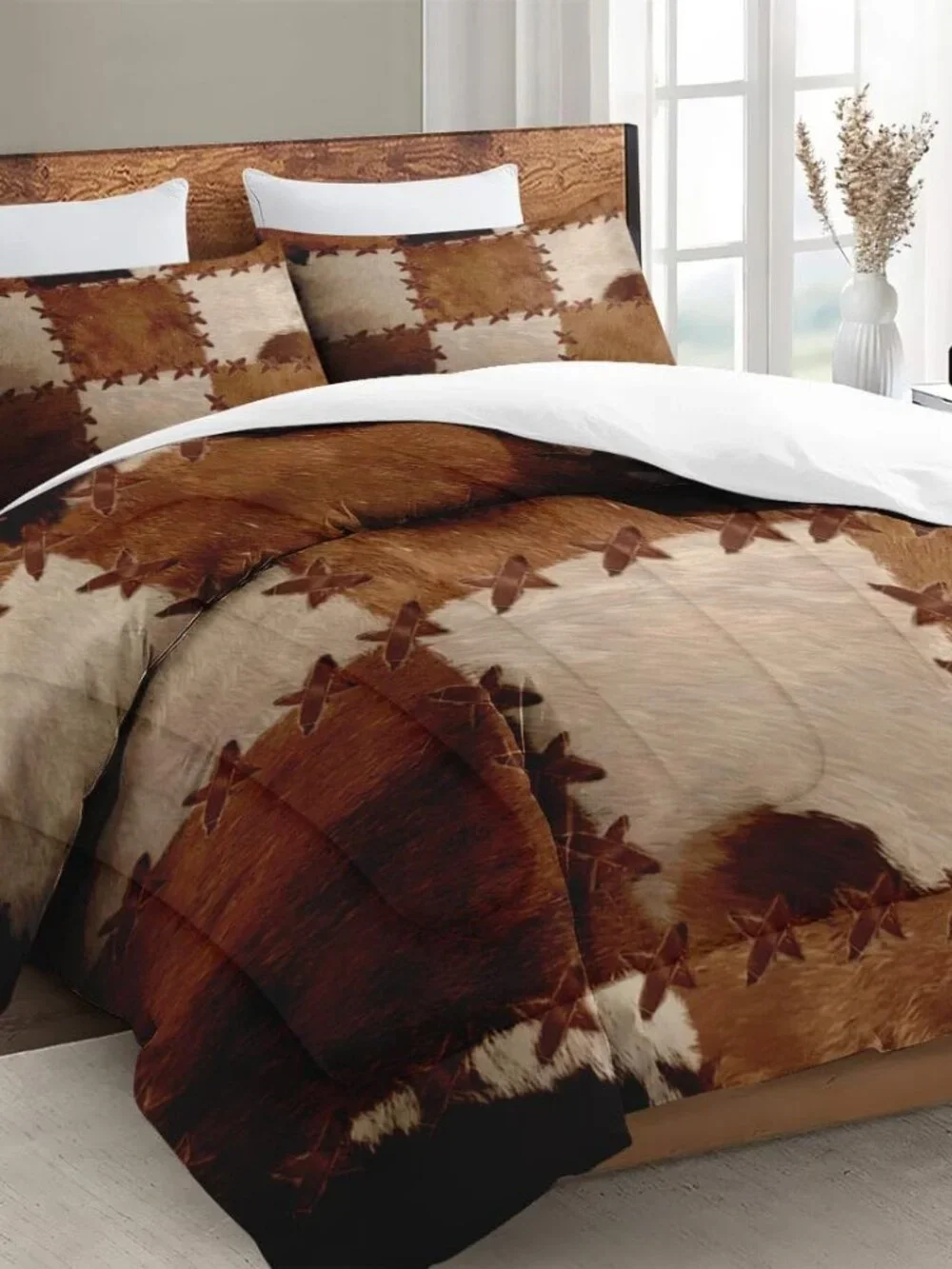 Queen Size Comforter Set with 2 Pillowcases, Retro Vintage Rustic Cow Print Soft